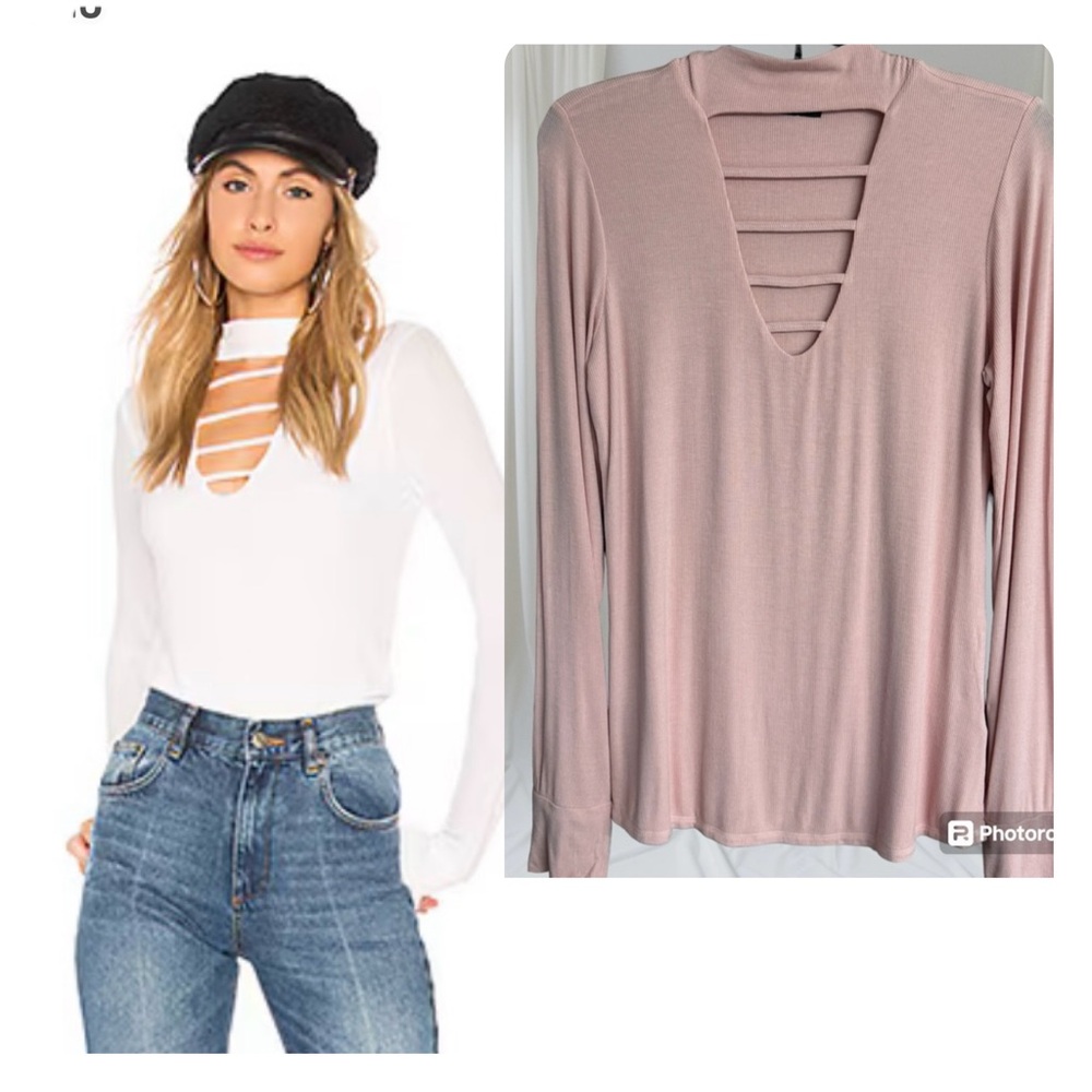 Michael Lauren Lam Mock Neck Long Sleeve Ladder Trim Cut-out Neckline Rib Top